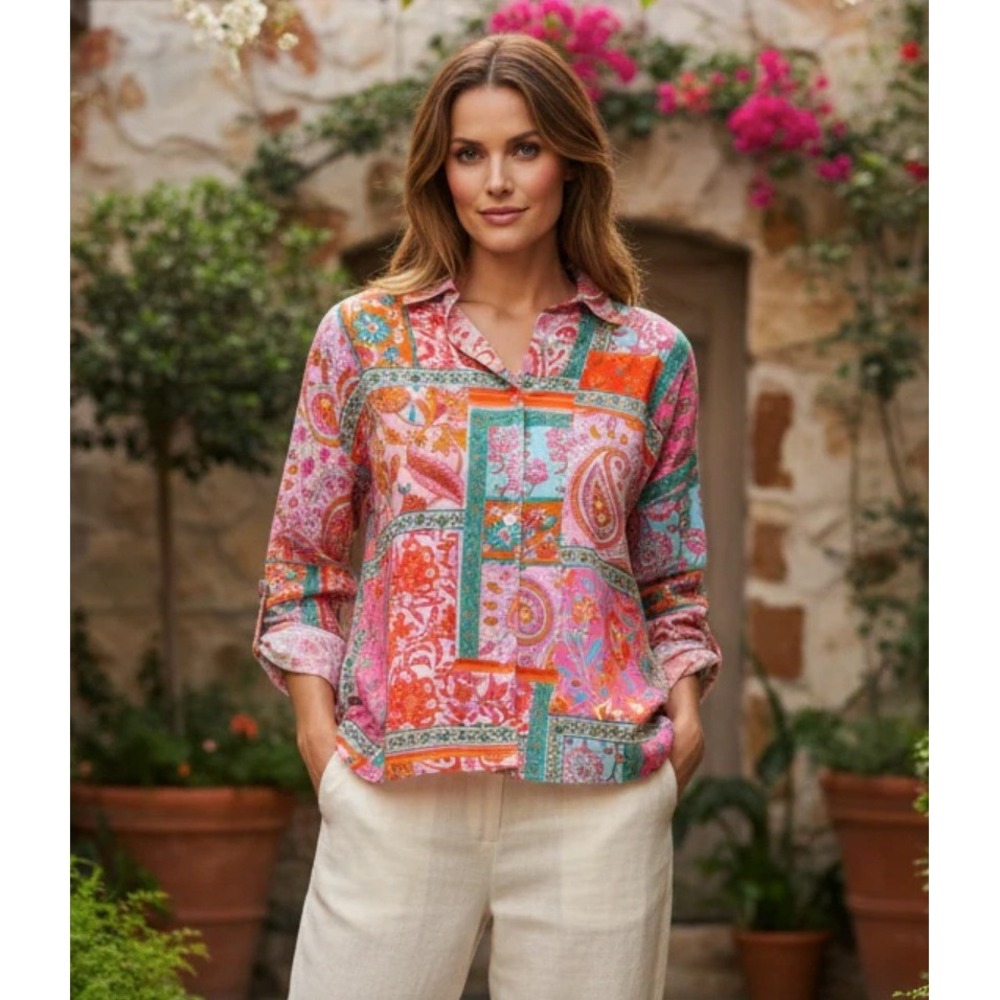 Tolani XL 100% Linen Paisley Floral Patchwork Button Down Shirt Summer Coastal